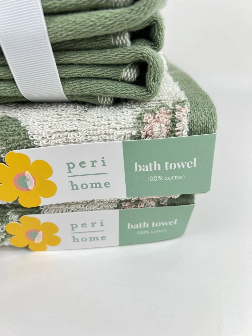 Peri Home Bath Towel Set Green Pink Off White Floral Design 100% Cotton 8 Pc NEW
